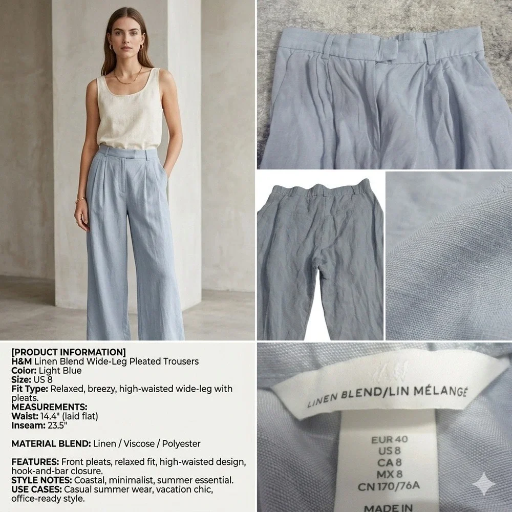 H&M Linen Blend Wide-Leg Pleated Trousers Light Blue US 8